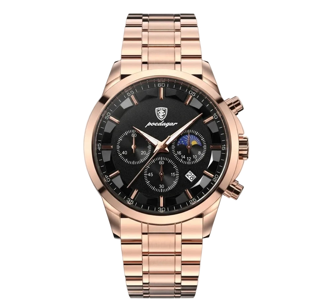 Vanta watch with black dial and rose gold stainless steel band
