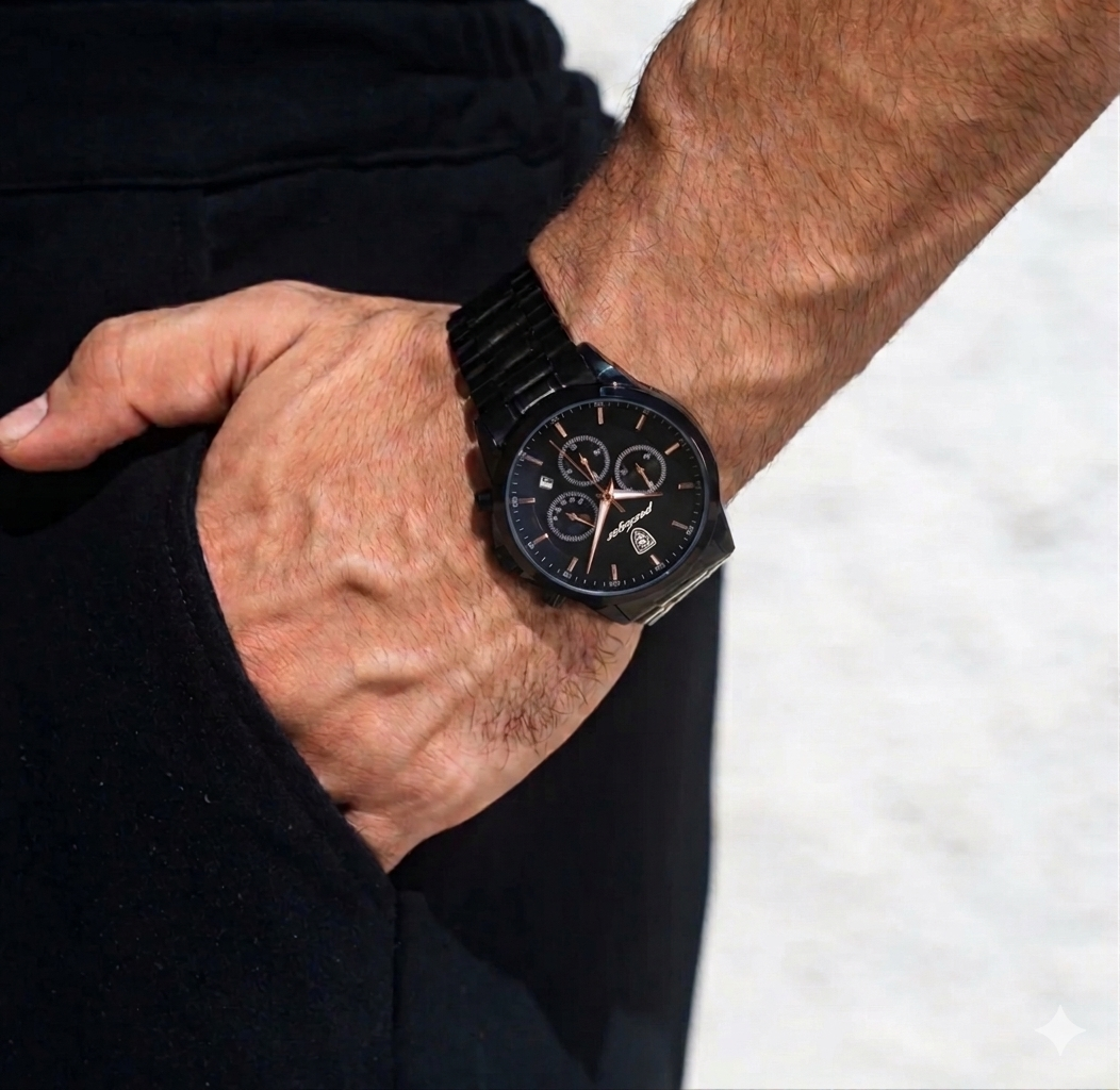 Vanta watch with black stainless steel band and black dial