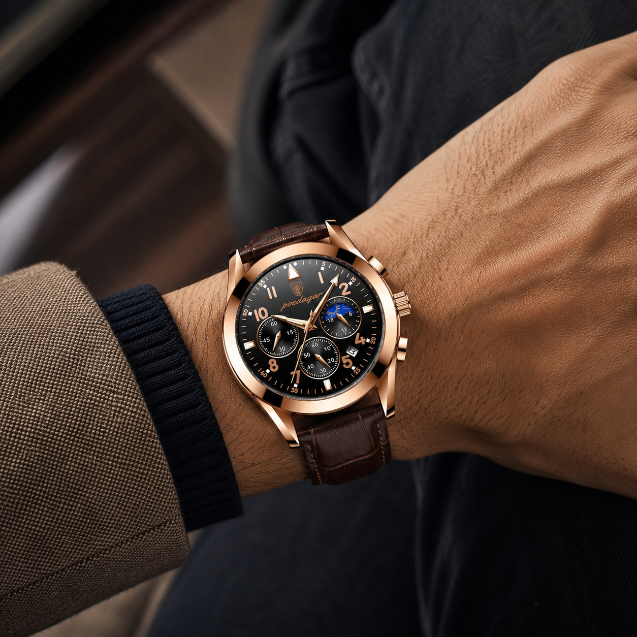 Voyager Luxury watch on a person's wrist with a brown leather strap and black dial