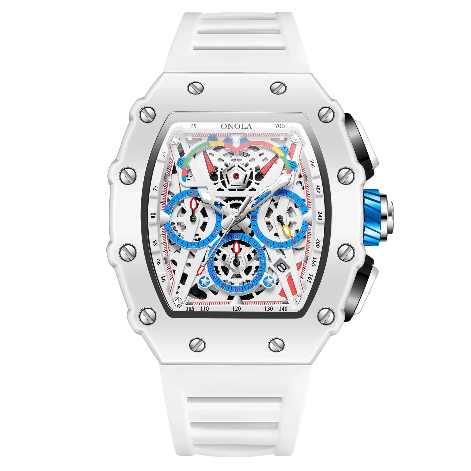 White watch with skeleton dial and silicone strap