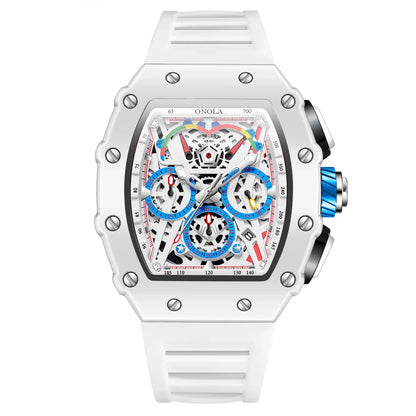 White watch with skeleton dial and silicone strap
