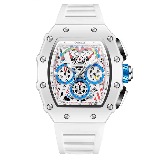 White watch with skeleton dial and silicone strap